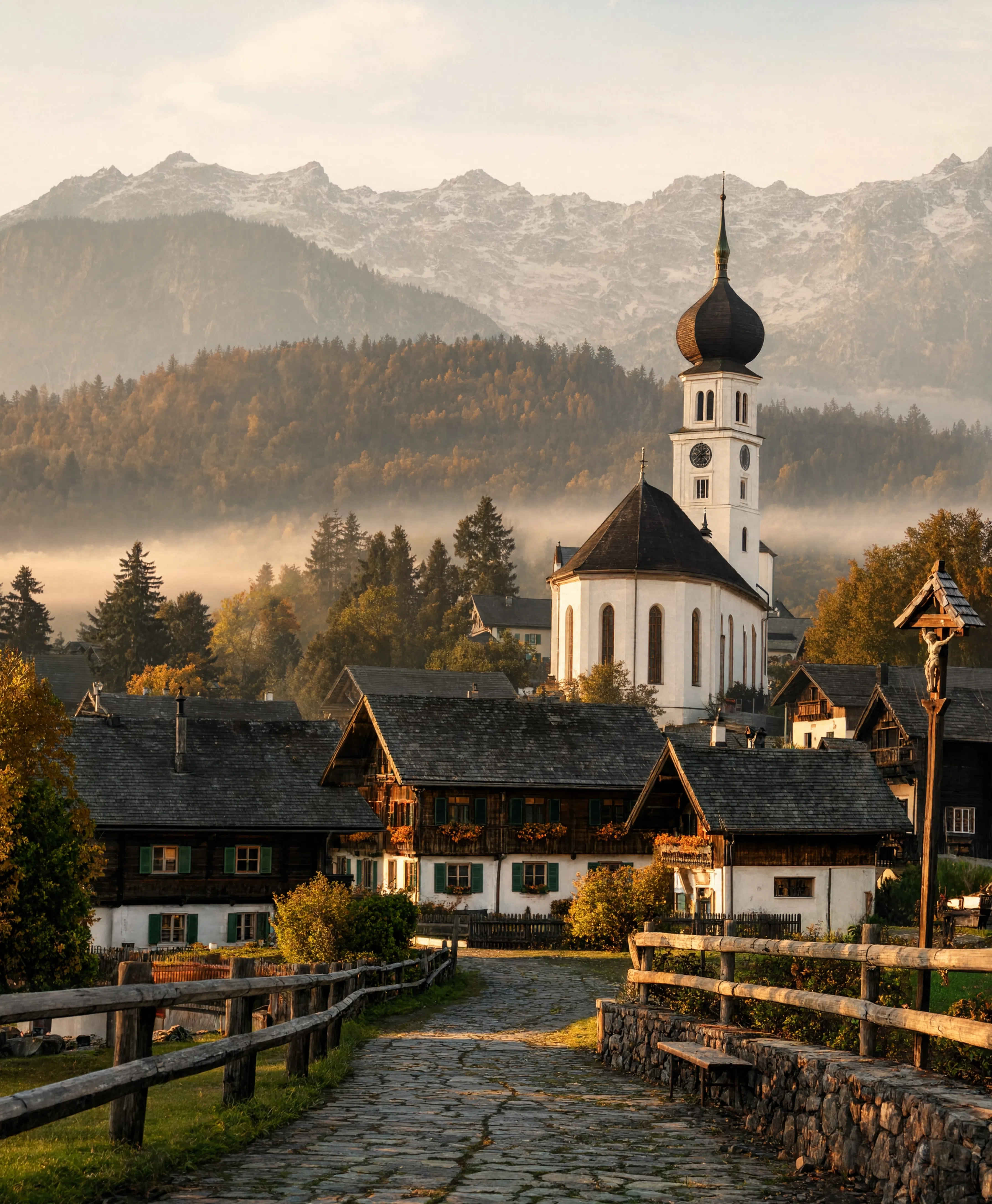 Traditionelles bayerisches Bergdorf im Herbst mit alten Holzhäusern und Kirchturm im Morgennebel