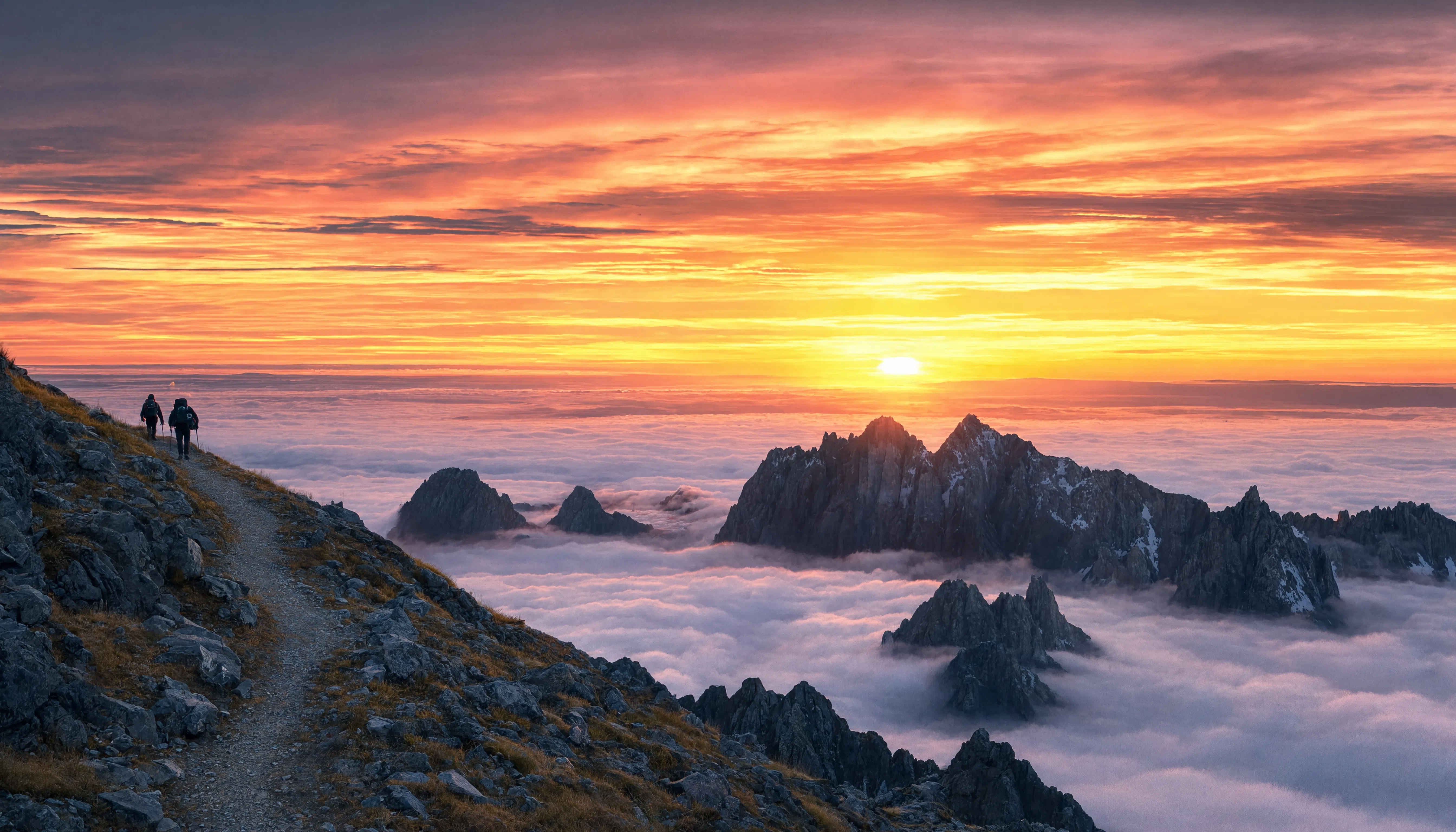 Wanderer auf einem Bergkamm in den Bayerischen Alpen bei Sonnenaufgang
