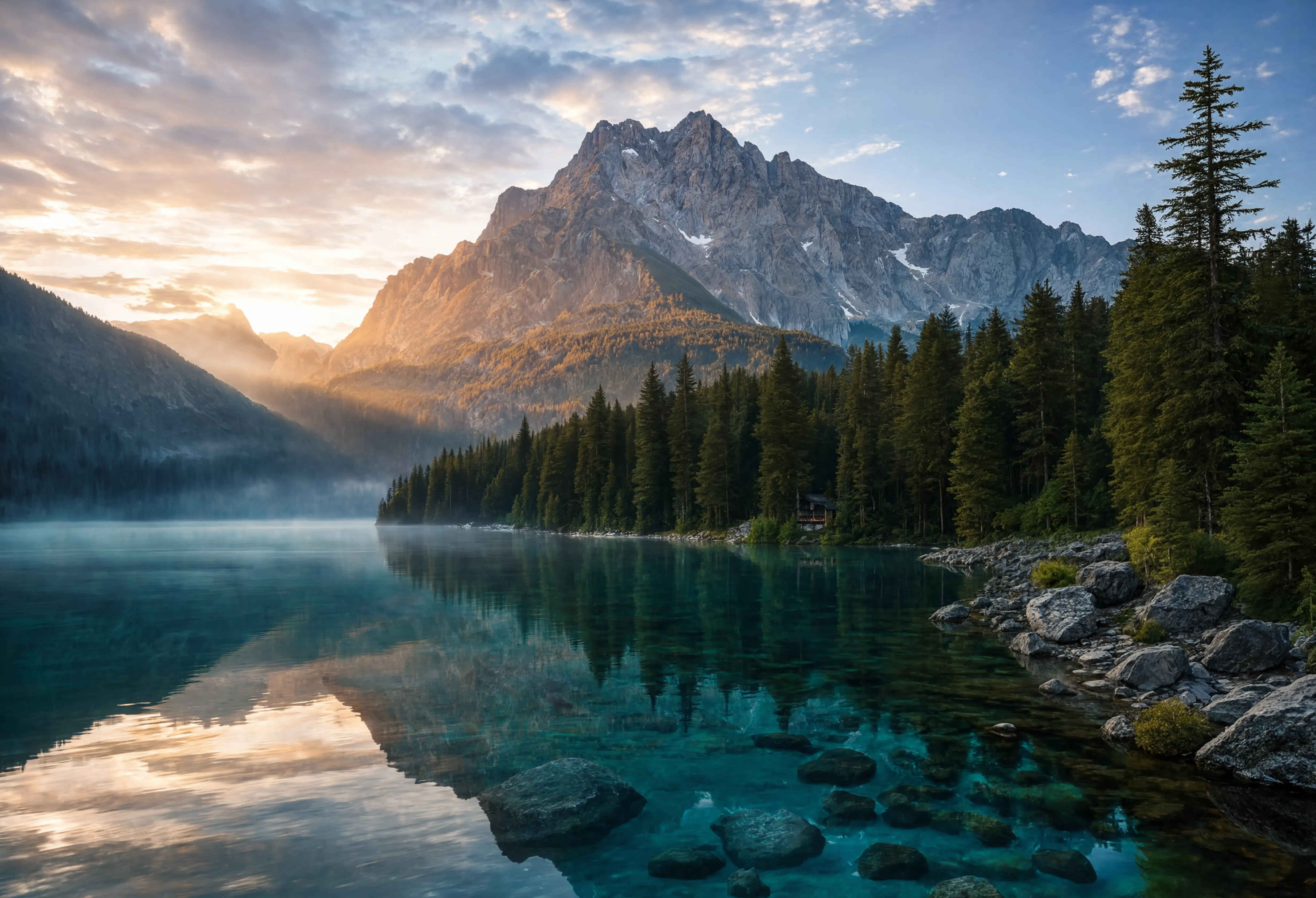 Eibsee im Morgengrauen — Zugspitze spiegelt sich im türkisfarbenen Alpensee