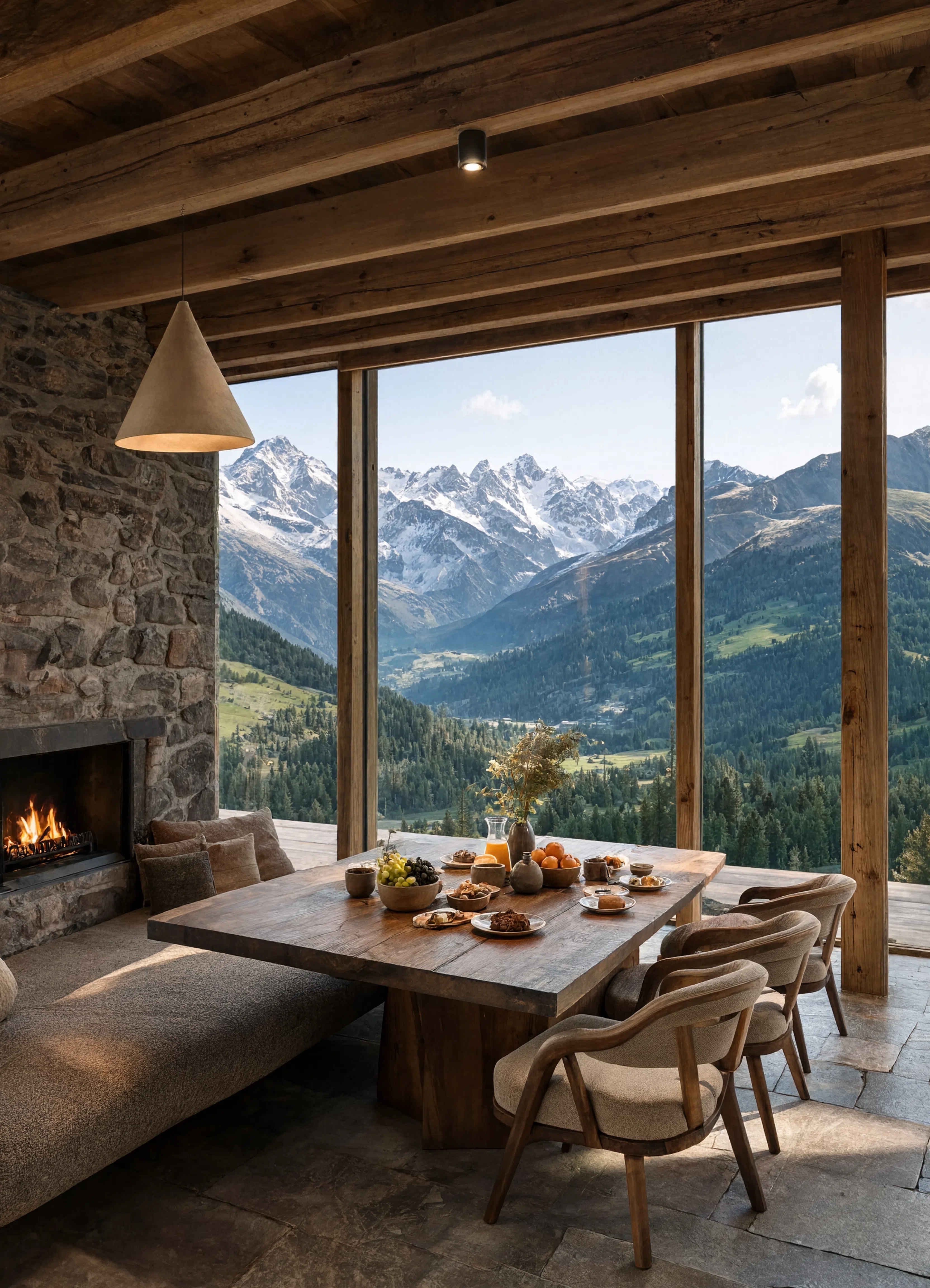 Luxuriöses Eco-Lodge Interieur mit Panoramablick auf die Alpen und natürlichen Materialien